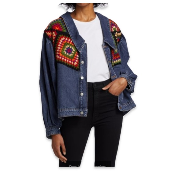 FARM RIO Crochet Embroidered Denim Jacket granny square‎ medium black new med - Picture 3 of 14